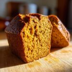 Close-up of a slice of moist sourdough pumpkin bread on a wooden cutting board.