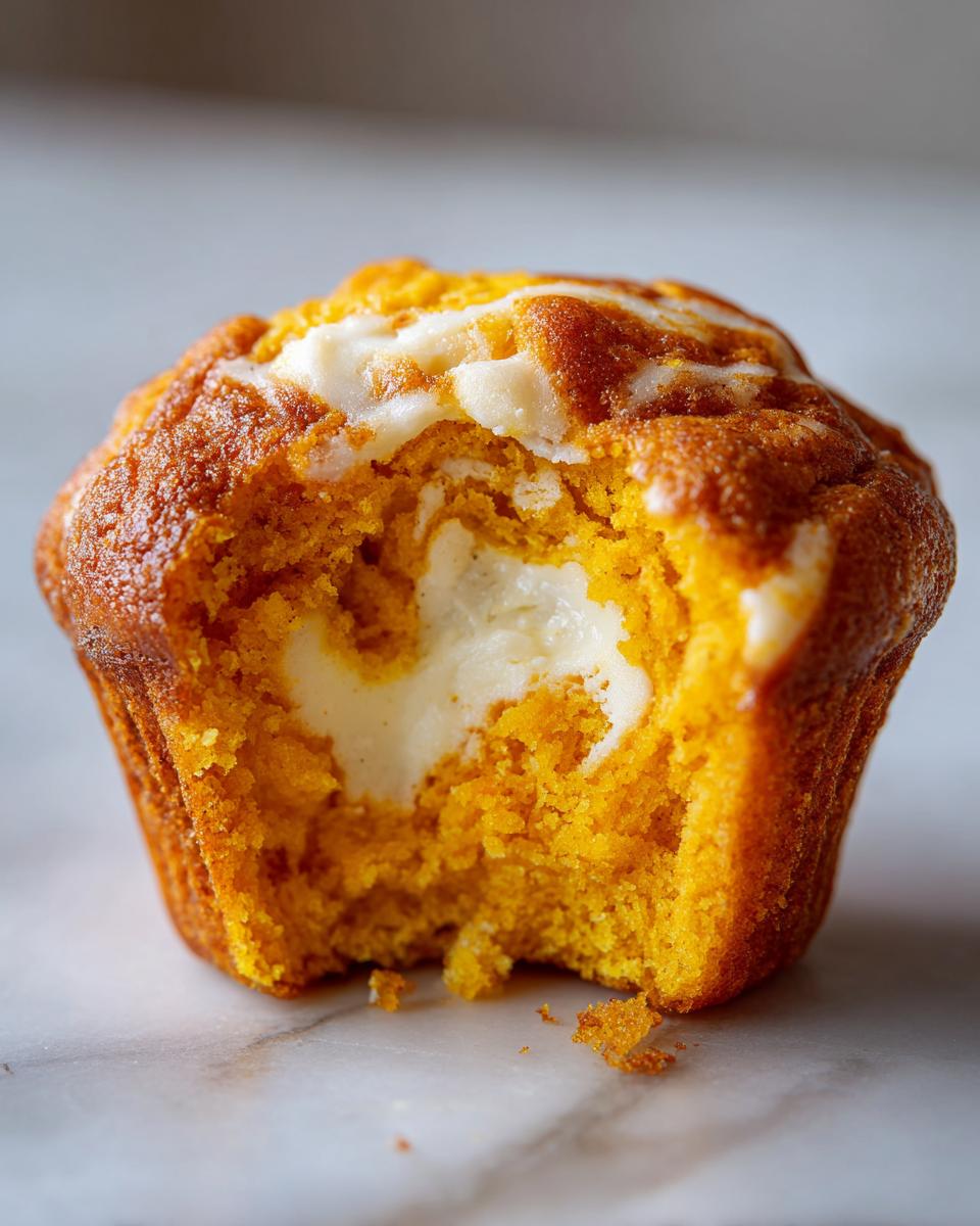 Close-up of a Starbucks pumpkin cream cheese muffin with a bite taken out, revealing the creamy filling.