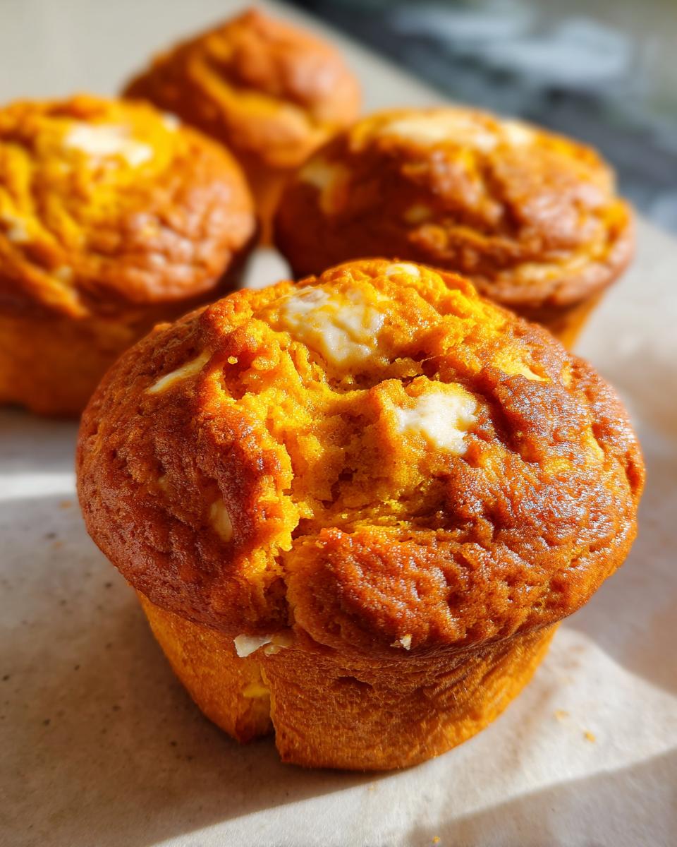 Close-up of a Starbucks pumpkin cream cheese muffin with a bite taken out, revealing the cream cheese filling.