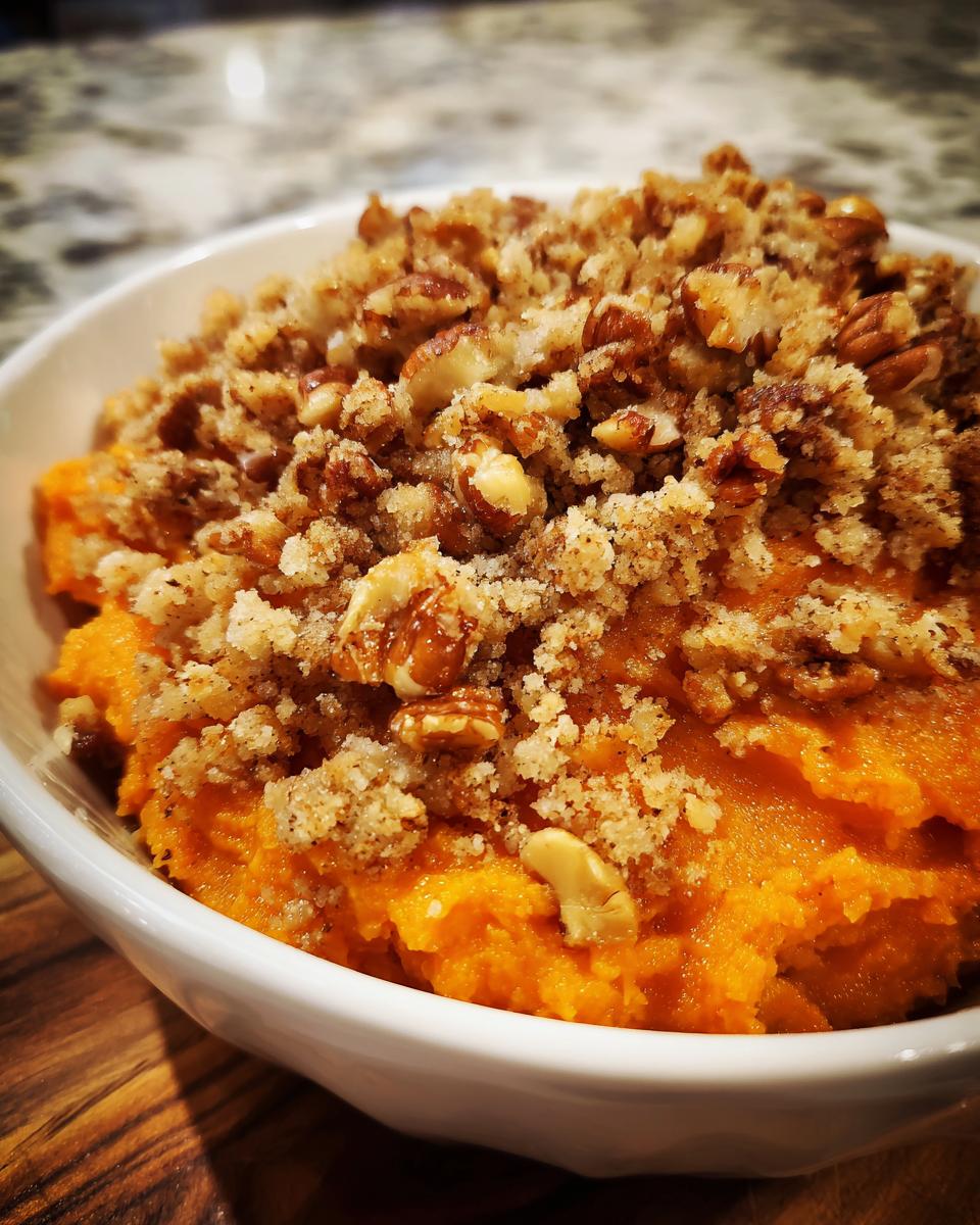 Close-up of a white bowl filled with creamy sweet potato casserole, topped with a crunchy pecan and crumble topping.