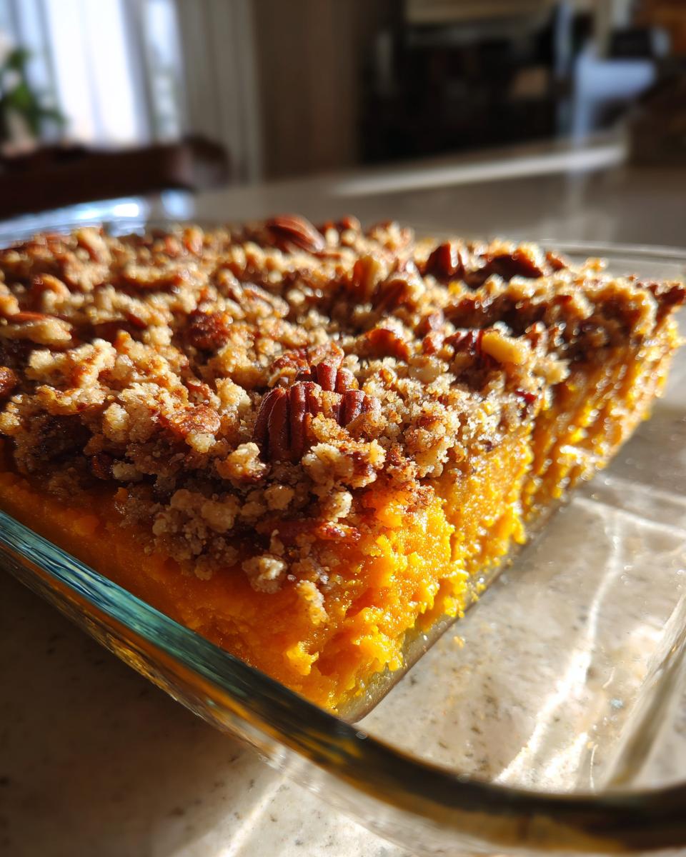 Close-up of a slice of sweet potato casserole with a pecan and crumble topping in a glass baking dish.