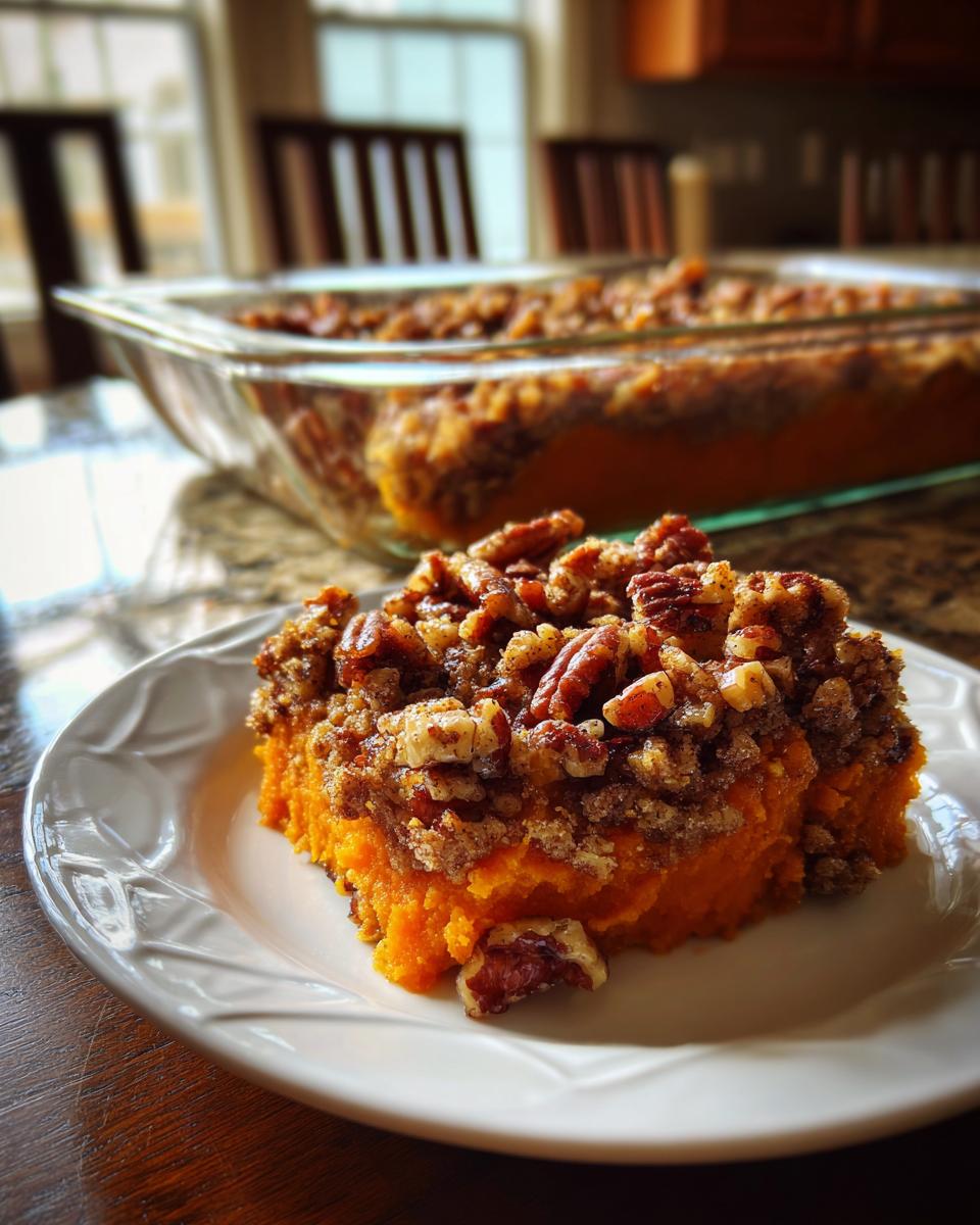 A close-up of a slice of sweet potato casserole topped with a crunchy pecan streusel on a white plate.
