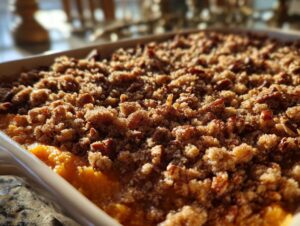 Close-up of a freshly baked sweet potato casserole with a crunchy pecan and brown sugar topping.