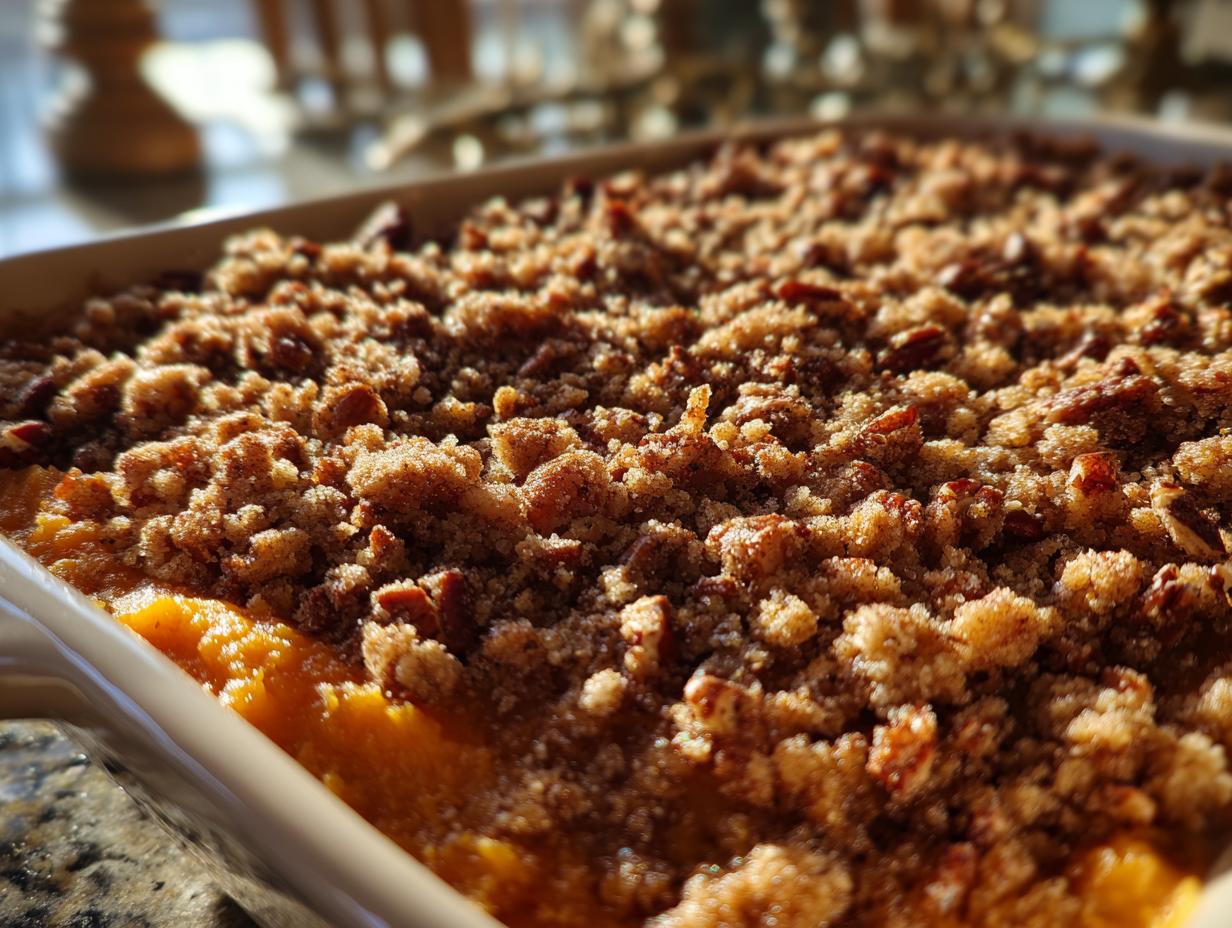 Close-up of a freshly baked sweet potato casserole with a crunchy pecan and brown sugar topping.