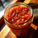 Close-up of a glass jar filled with vibrant red tomato salsa, ready for canning. Includes visible chunks of tomatoes, peppers, and herbs.