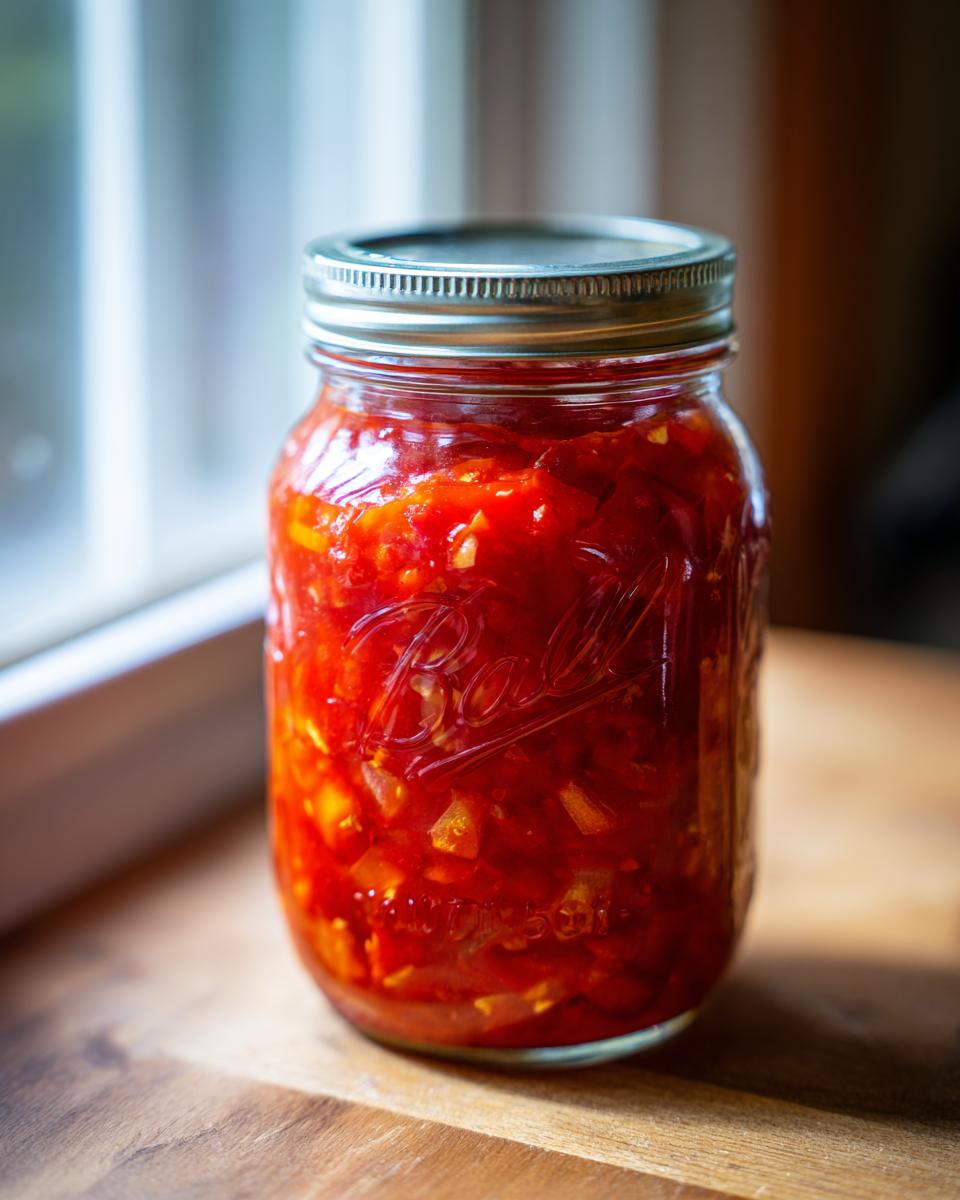 A close-up shot of a glass jar filled with vibrant red tomato salsa, ready for canning. This is a tomato salsa canning recipe.