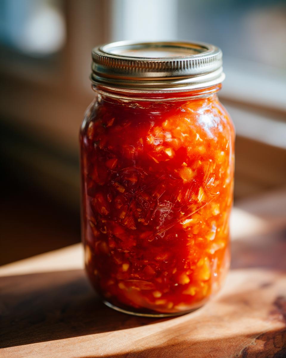 A close-up shot of a glass jar filled with vibrant red tomato salsa, ready for canning.