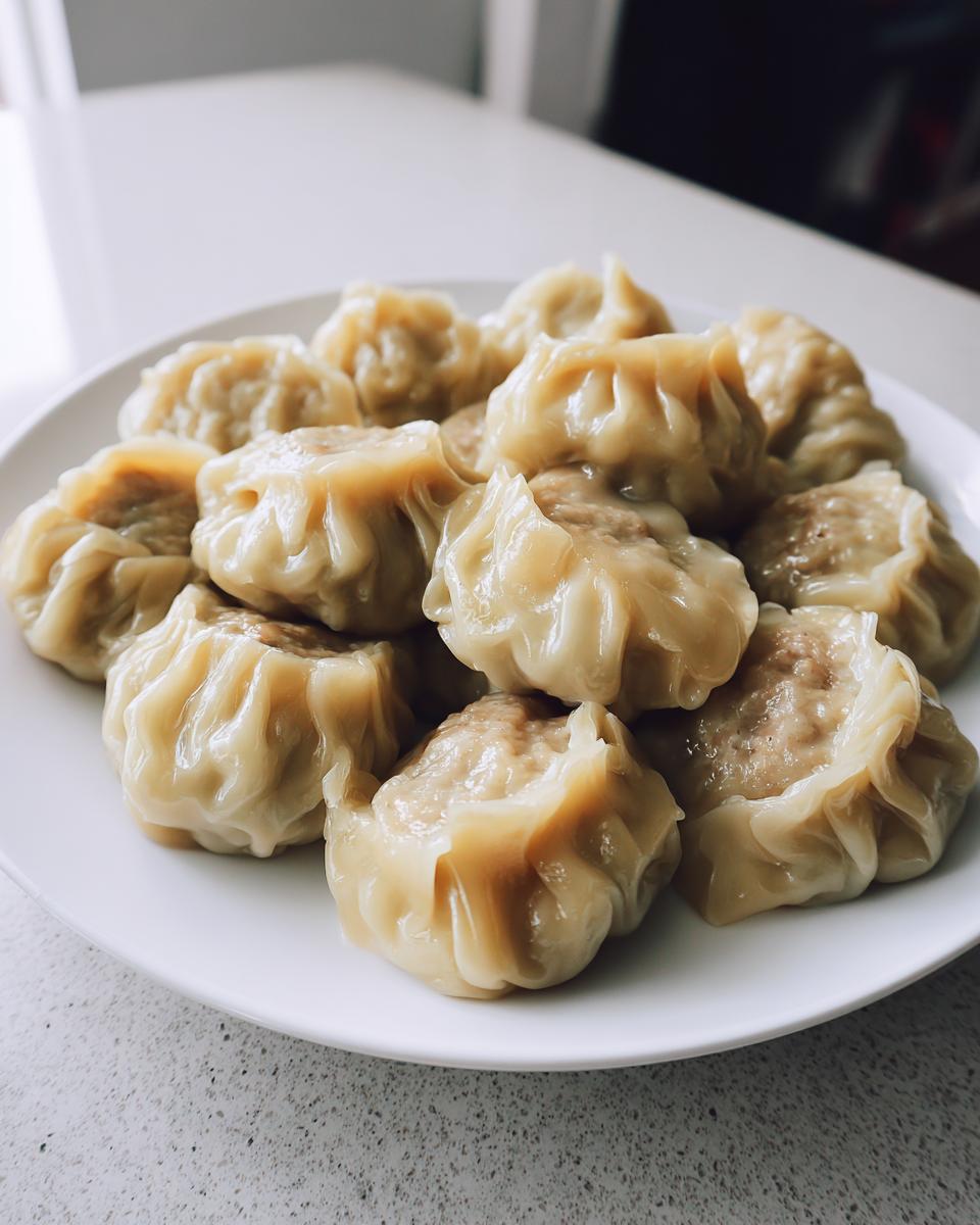 A white plate filled with freshly steamed Traditional Chinese Dumplings, showcasing their delicate pleats and savory filling.