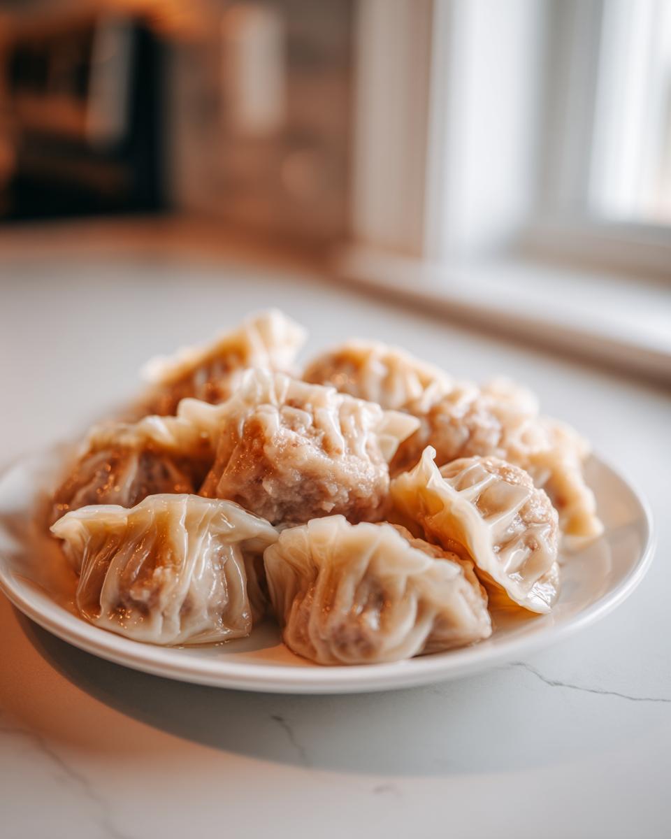 A white plate filled with freshly made Traditional Chinese Dumplings, showcasing their delicate wrappers and savory filling.
