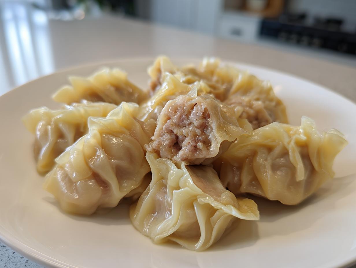 A close-up of several Traditional Chinese Dumplings on a white plate, one is cut open showing the savory pork filling.