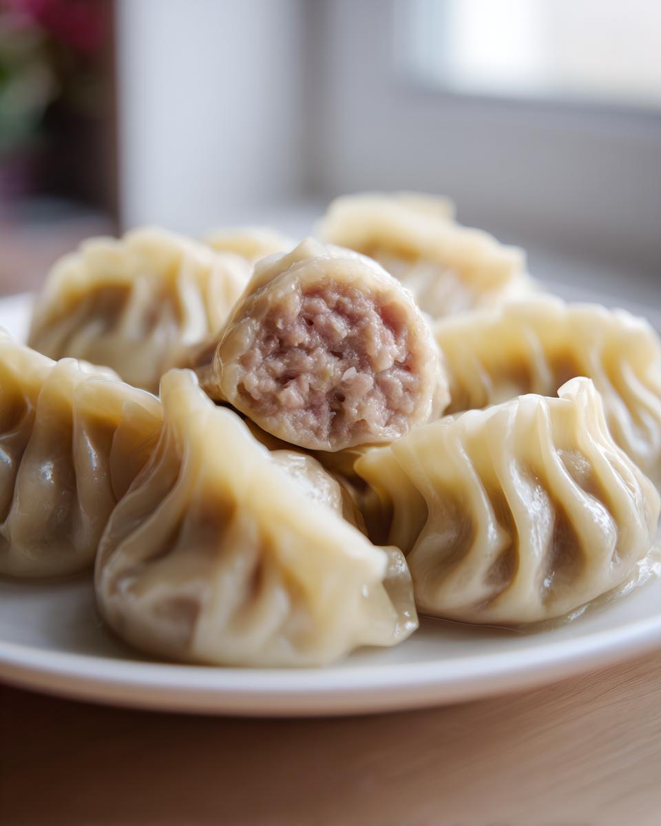 A close-up of steamed Traditional Chinese Dumplings on a white plate, one is cut open revealing a juicy meat filling.