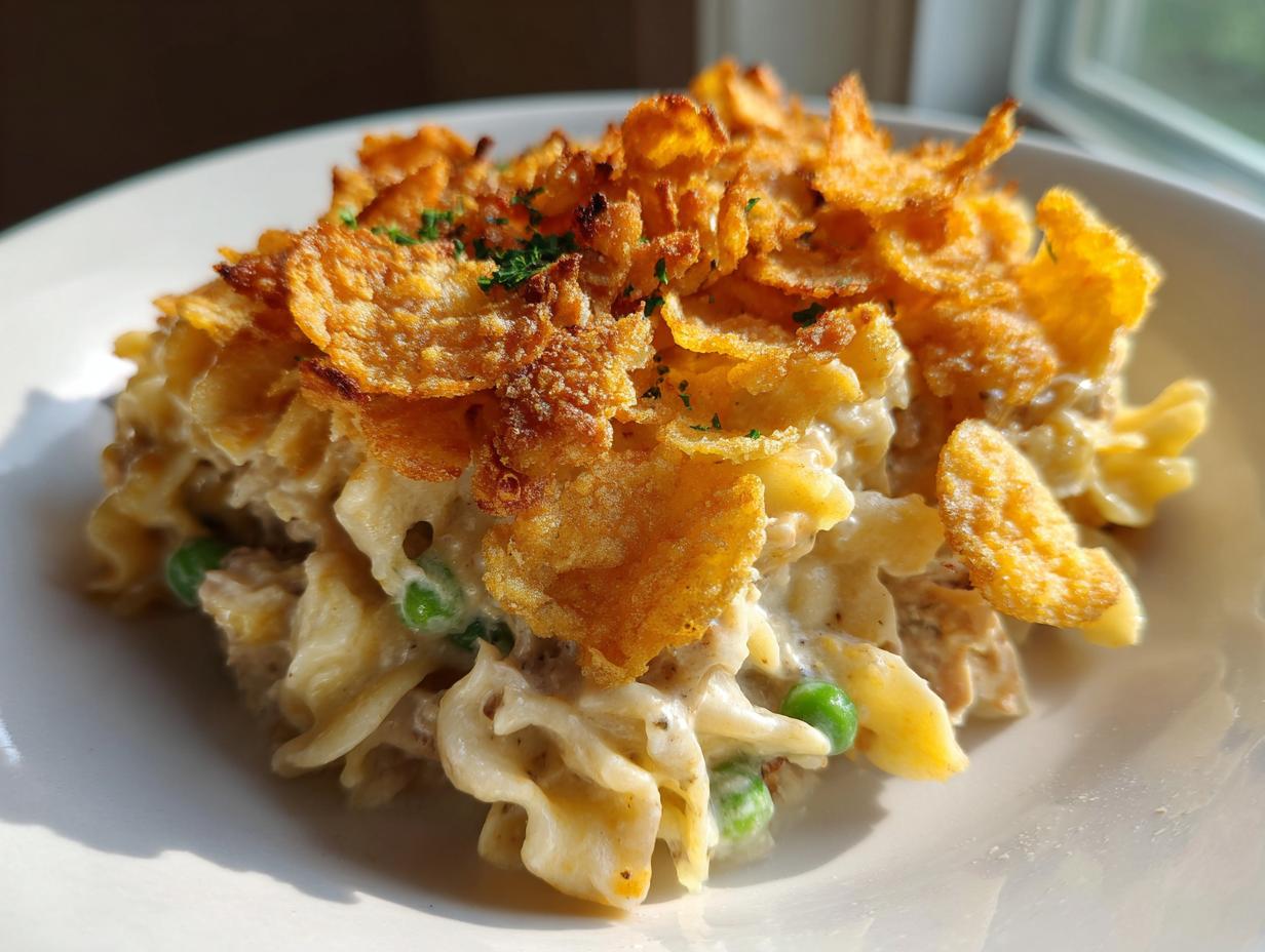 A delicious serving of Tuna Casserole with creamy noodles, peas, and a crunchy cornflake topping.