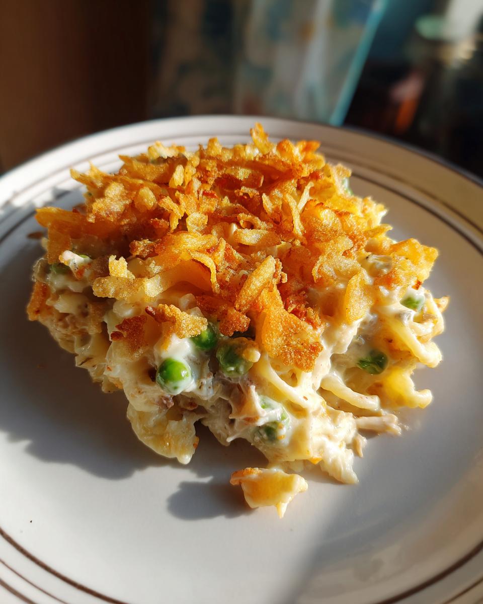 A serving of creamy Tuna Casserole with peas and noodles, topped with crispy fried onions.