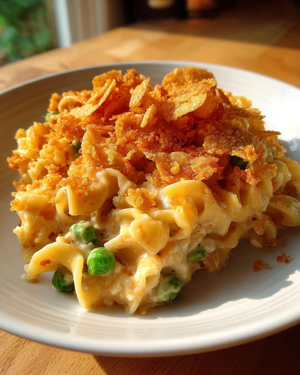 A close-up of a serving of creamy Tuna Casserole with egg noodles, peas, and a crunchy breadcrumb topping.