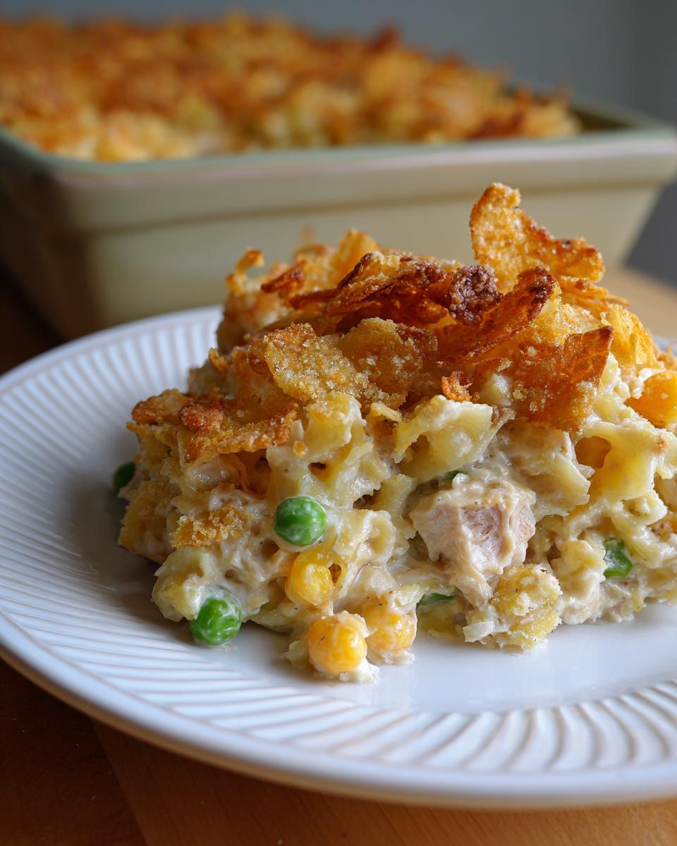 A close-up of a serving of Tuna Casserole on a white plate, featuring noodles, peas, corn, and a crunchy topping.