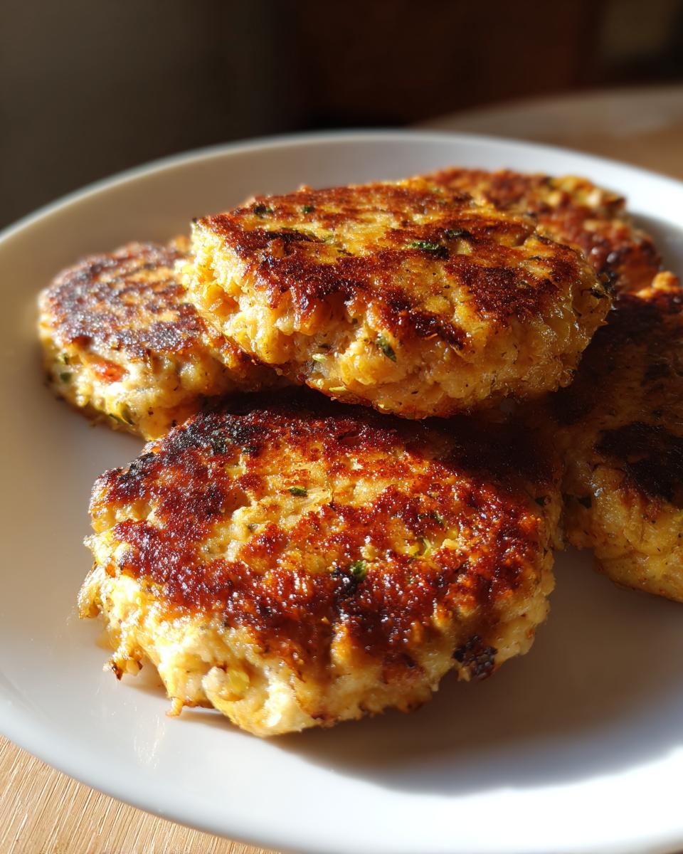 Close-up of golden brown tuna patties stacked on a white plate, ready to be served.