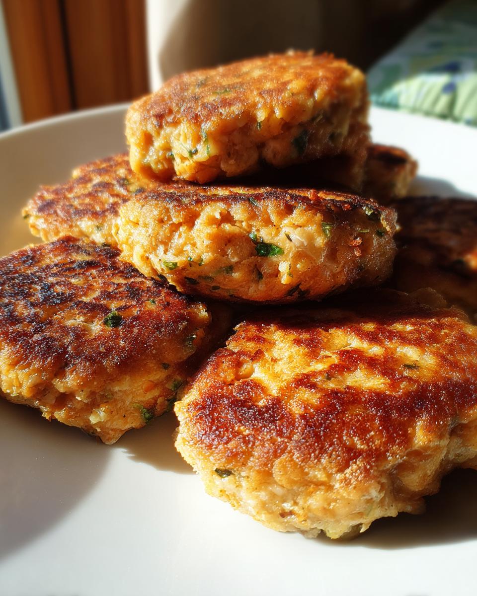 A stack of freshly cooked, golden brown tuna patties with visible herbs on a white plate.