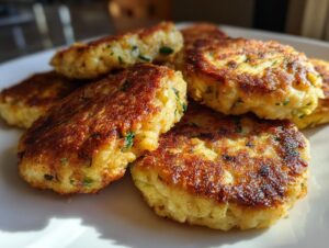 A close-up of several golden-brown tuna patties, seasoned with herbs, piled on a white plate.