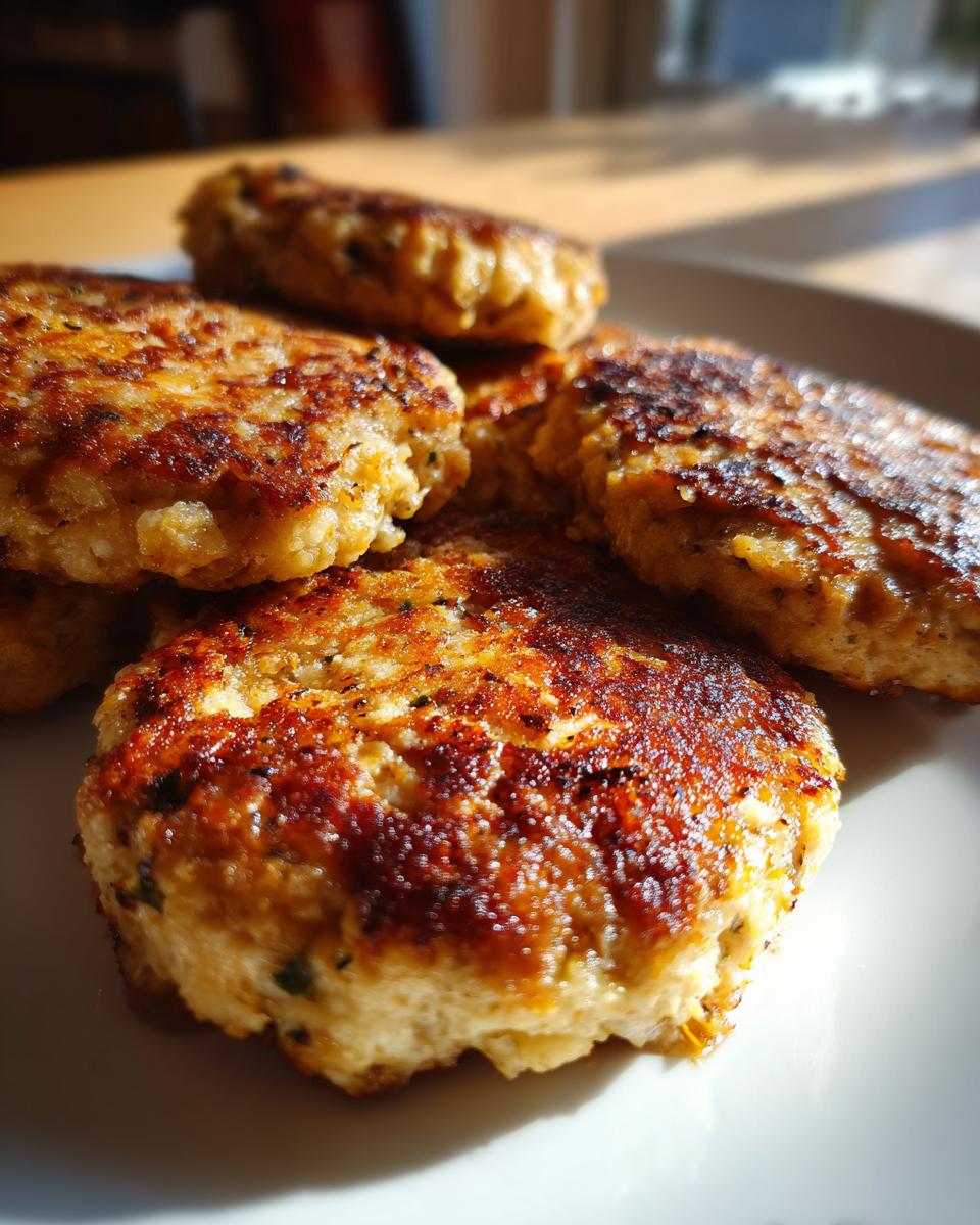 A close-up of several golden-brown, pan-fried Tuna Patties stacked on a white plate.