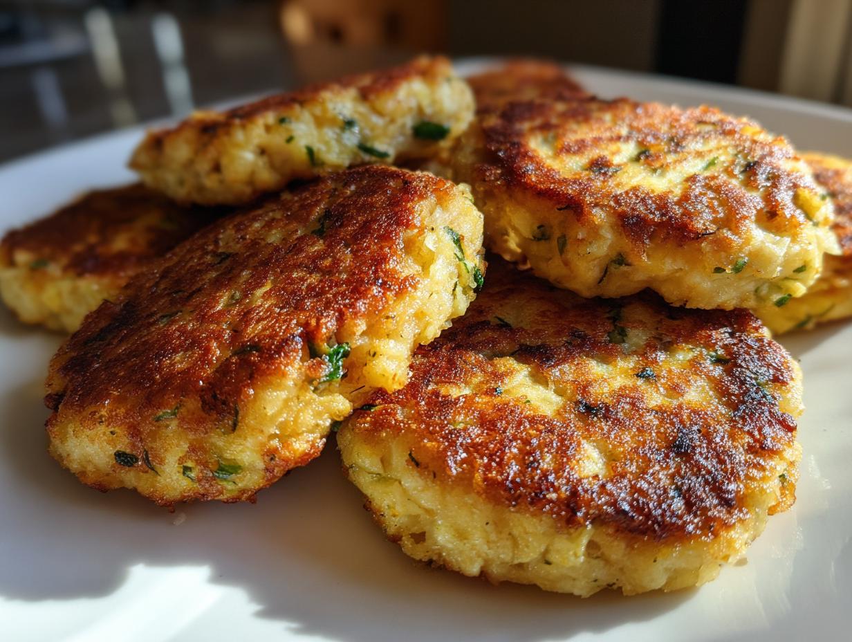 A close-up of several golden-brown tuna patties, seasoned with herbs, piled on a white plate.
