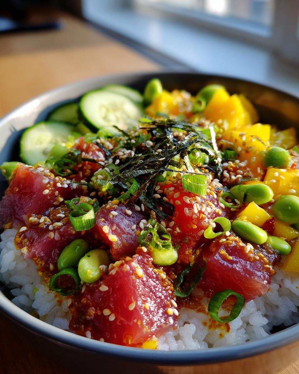 A close-up of a vibrant Tuna Poke Bowl filled with fresh tuna, rice, mango, edamame, cucumber, and sesame seeds.
