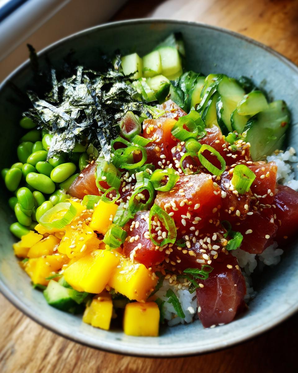 A vibrant Tuna Poke Bowl filled with fresh tuna cubes, mango, edamame, cucumber, and seaweed, topped with sesame seeds and green onions.
