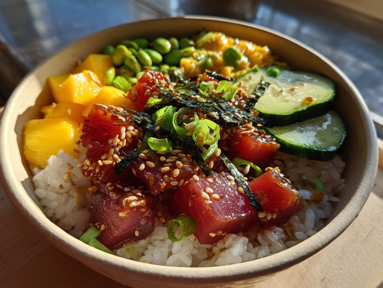A vibrant Tuna Poke Bowl featuring marinated tuna cubes, rice, mango, edamame, cucumber, and seaweed.