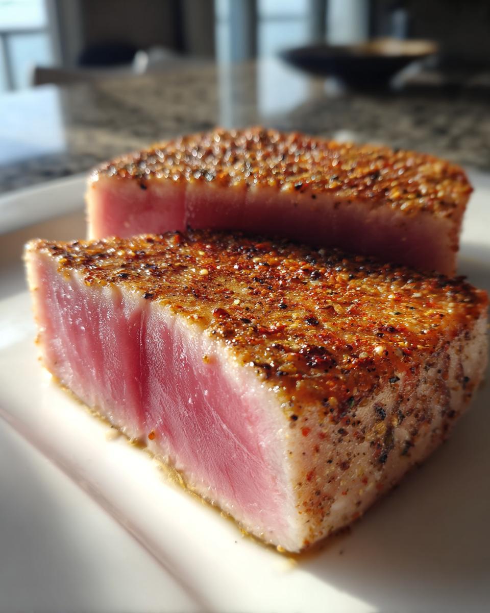 Close-up of two perfectly seared Tuna Steaks, seasoned with a blend of spices, on a white plate.
