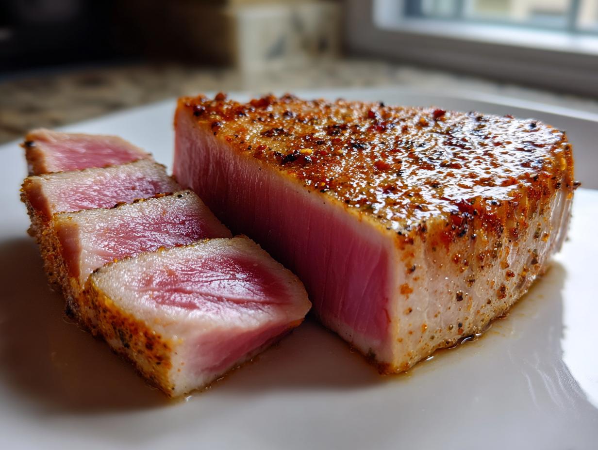 A close-up of perfectly seared Tuna Steaks, sliced and presented on a white plate.