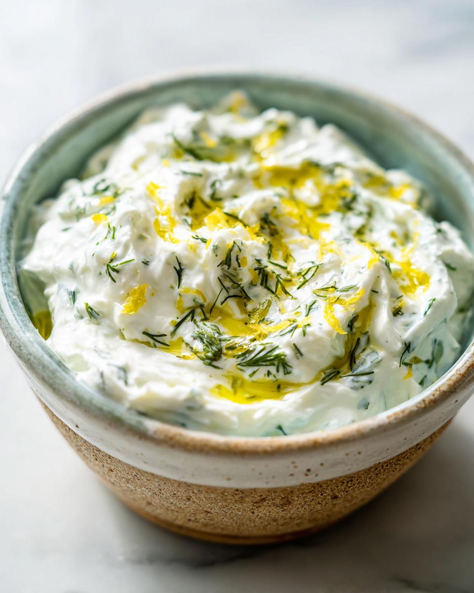 A close-up of creamy Tzatziki sauce in a rustic bowl, topped with fresh dill, lemon zest, and olive oil.