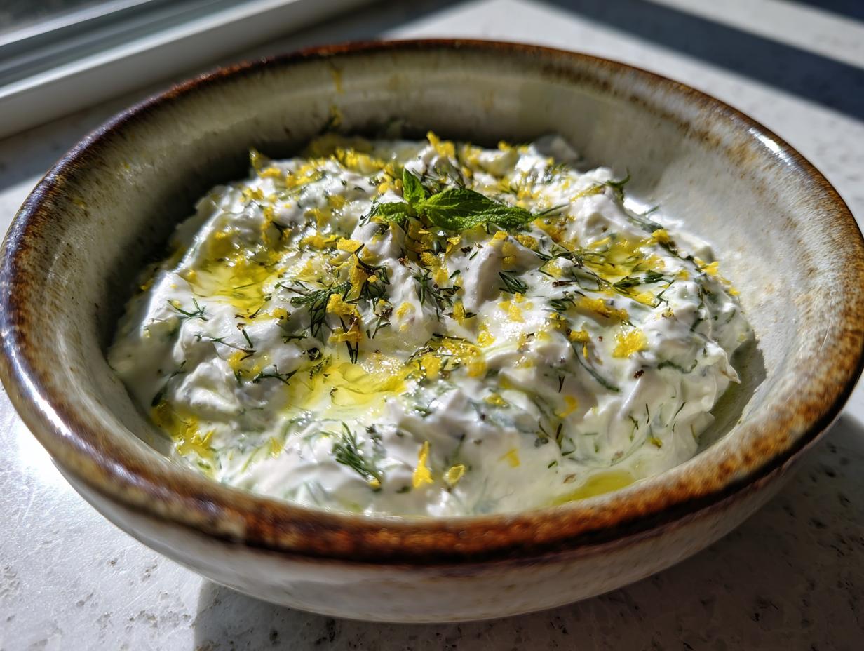 A close-up of a bowl of creamy Tzatziki sauce, garnished with fresh dill, mint, and lemon zest.