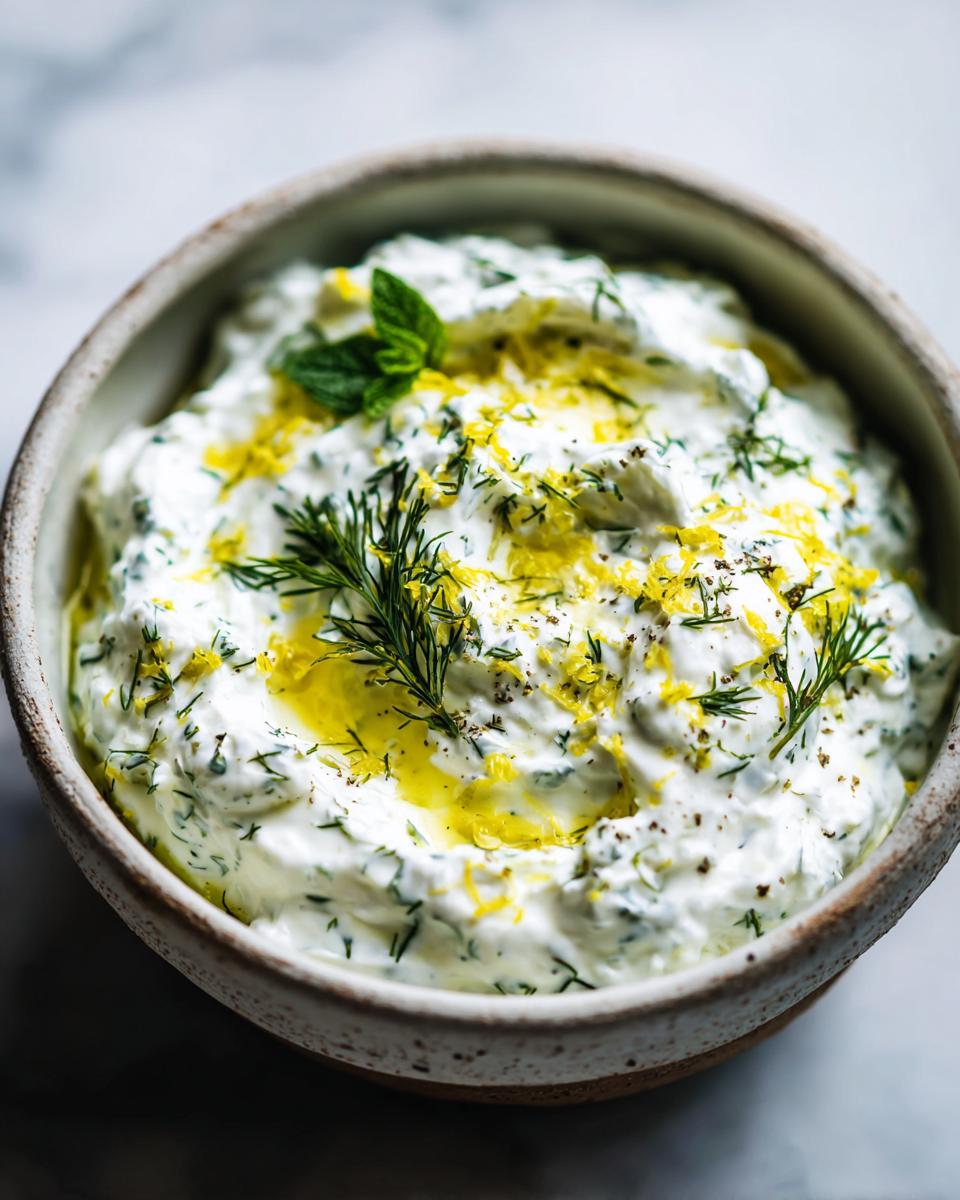Close-up of a bowl of creamy Tzatziki sauce, garnished with fresh dill, mint, lemon zest, and olive oil.