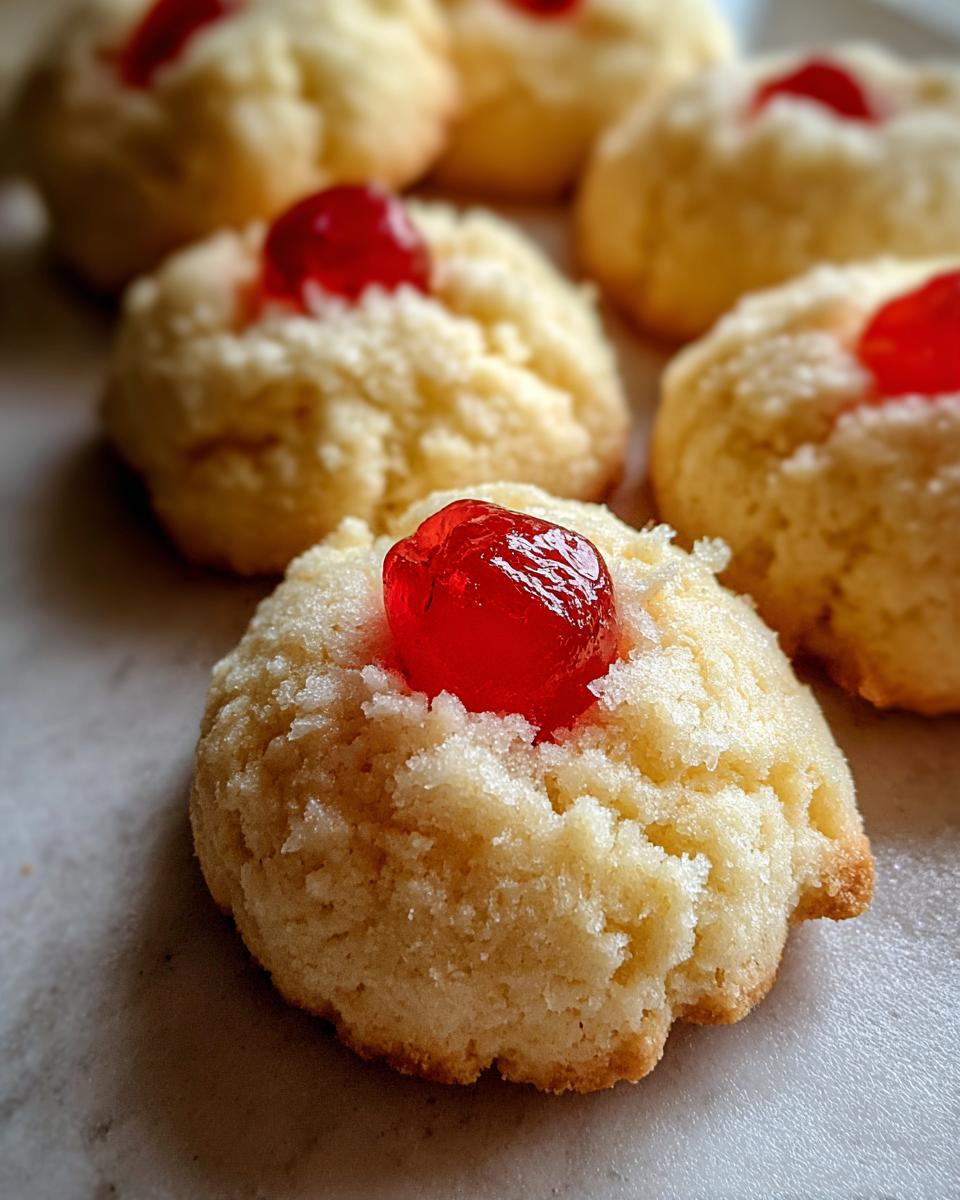 Close-up of melt-in-your-mouth whipped shortbread cookies topped with bright red cherries.