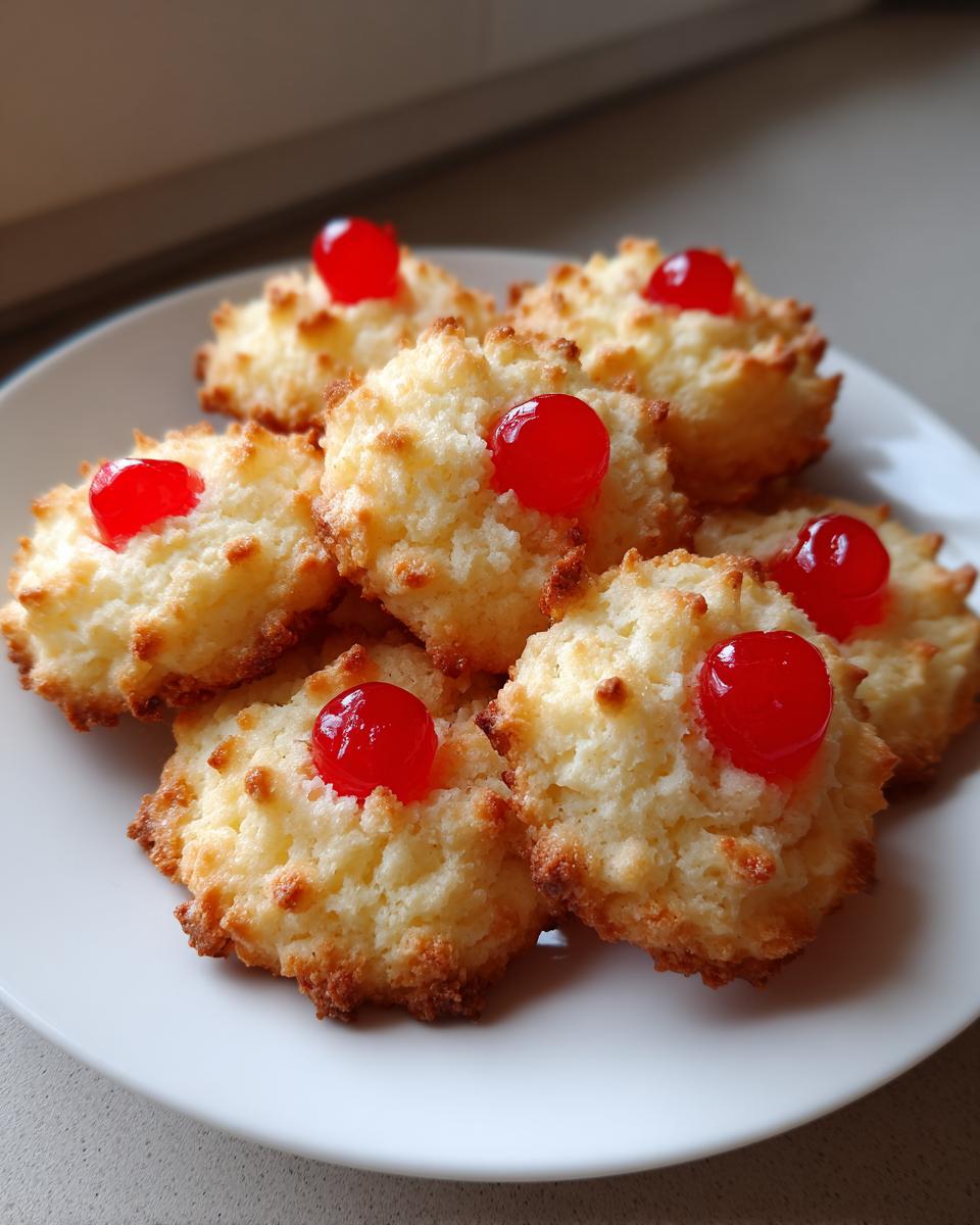 A plate of golden brown whipped shortbread cookies, each topped with a bright red cherry.