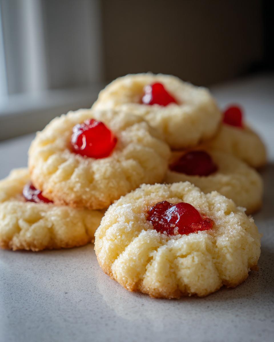 Close-up of whipped shortbread cookies topped with a bright red cherry and sprinkled with sugar.