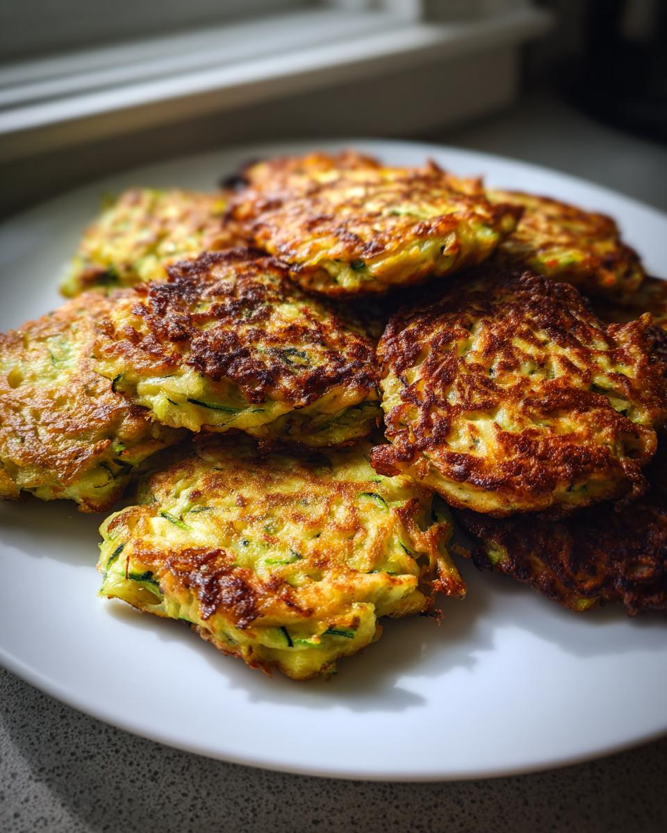 A close-up shot of a stack of golden-brown, crispy zucchini fritters on a white plate.