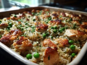 Close-up of a 1-pan baked chicken and rice dish with tender chicken pieces and bright green peas.