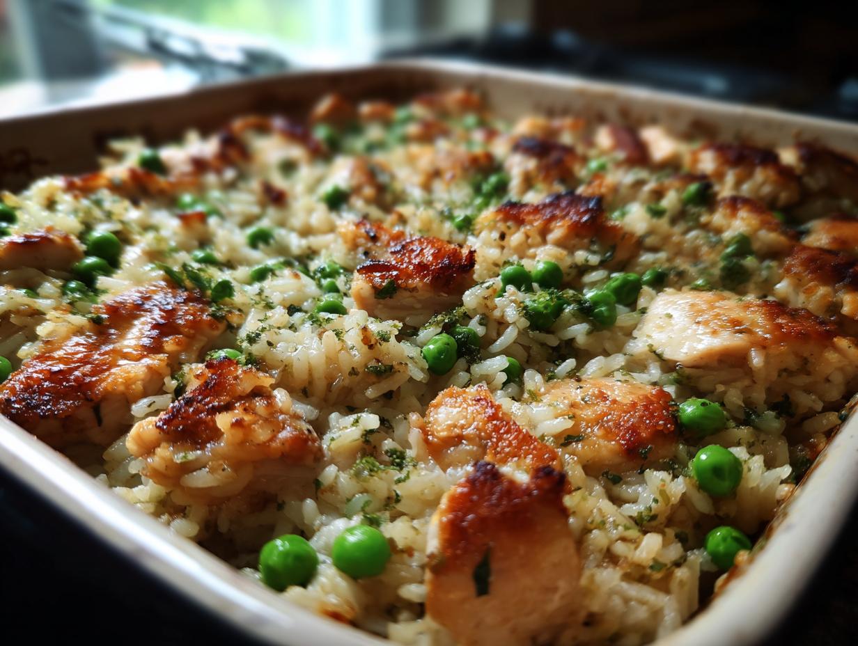Close-up of a 1-pan baked chicken and rice dish with tender chicken pieces and bright green peas.