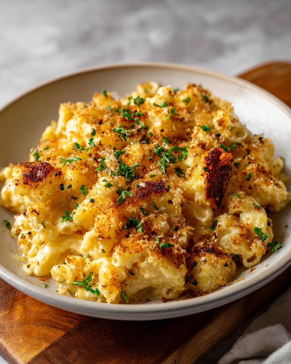 A close-up of a bowl of 5 ingredient slow cooker mac and cheese, topped with toasted breadcrumbs and parsley.