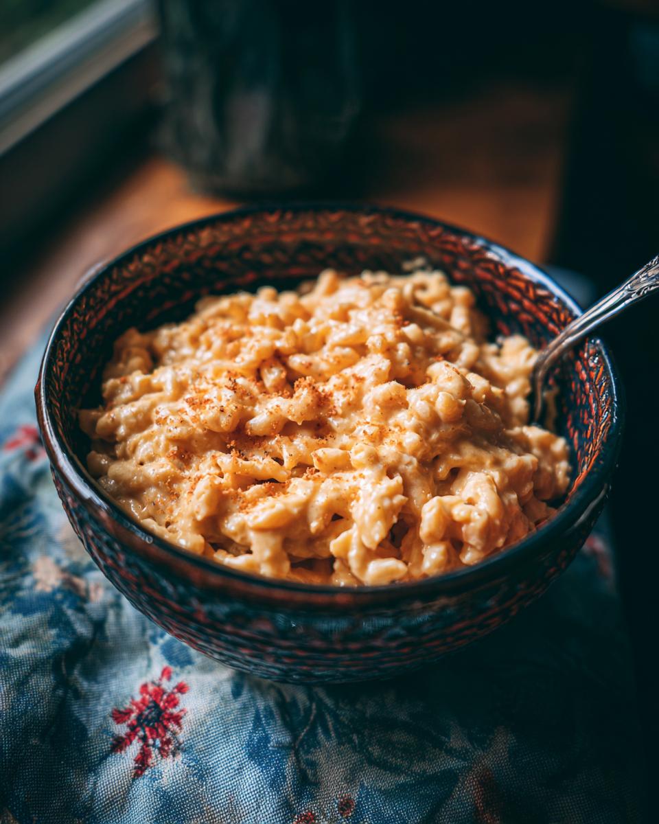 A close-up of a bowl filled with creamy 5 ingredient slow cooker mac and cheese, sprinkled with paprika.
