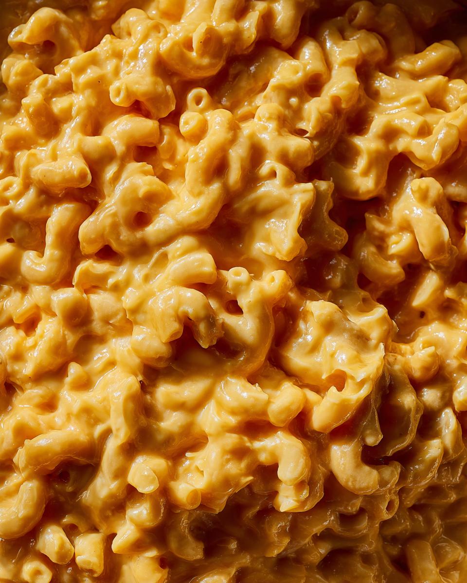 Close-up of creamy, cheesy 5 ingredient slow cooker mac and cheese with elbow macaroni.