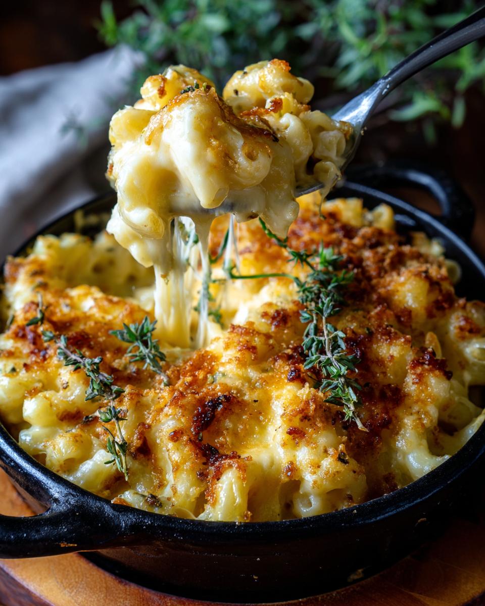 A fork lifting a cheesy portion of 5 ingredient slow cooker mac and cheese from a black cast iron dish, topped with herbs.