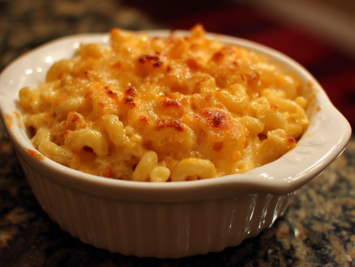A close-up of a white ramekin filled with creamy 5 ingredient slow cooker mac and cheese, topped with golden-brown baked cheese.