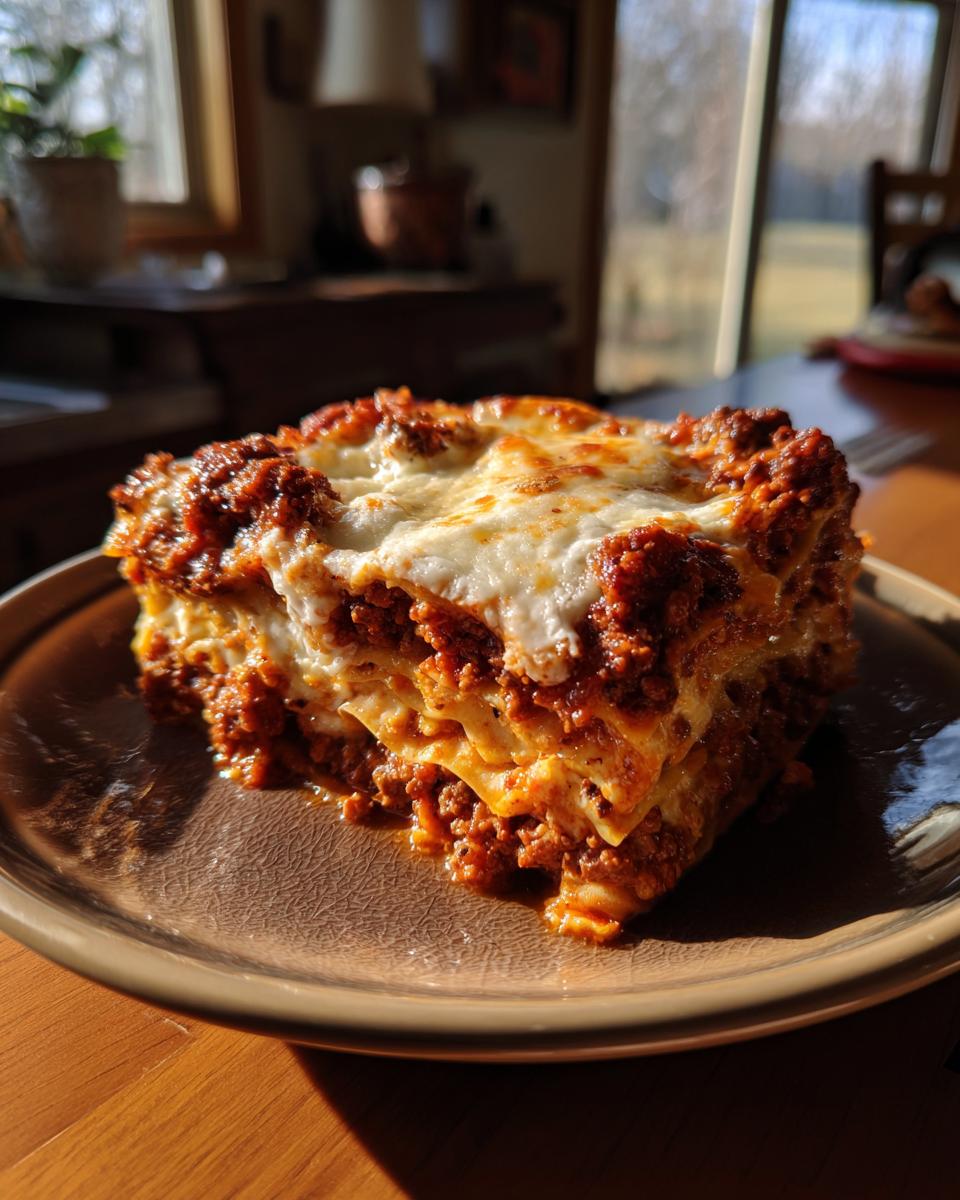 A delicious slice of Amazing Beef Lasagna, featuring layers of pasta, rich meat sauce, and melted cheese, served on a rustic plate.