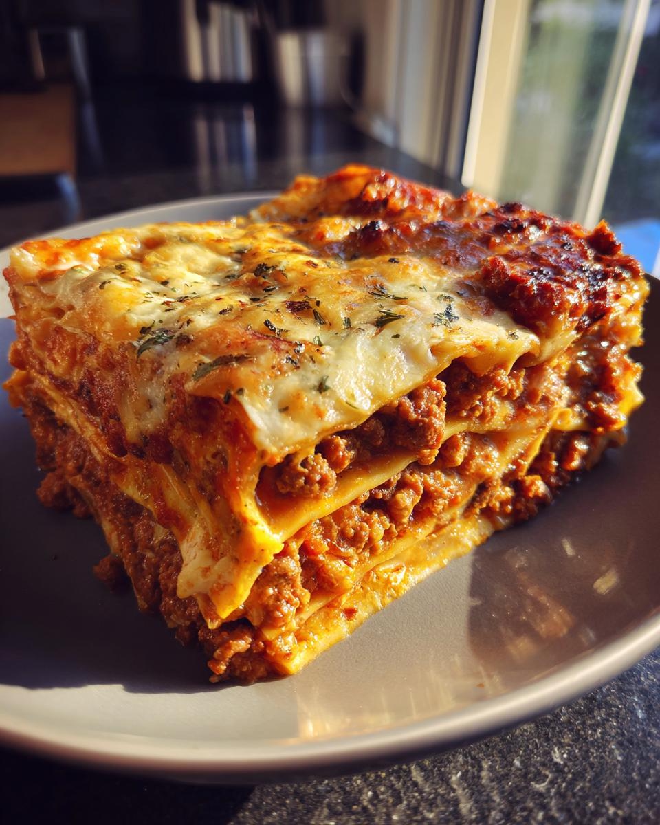 A generous slice of Amazing Beef Lasagna, showcasing layers of pasta, rich meat sauce, and melted cheese.