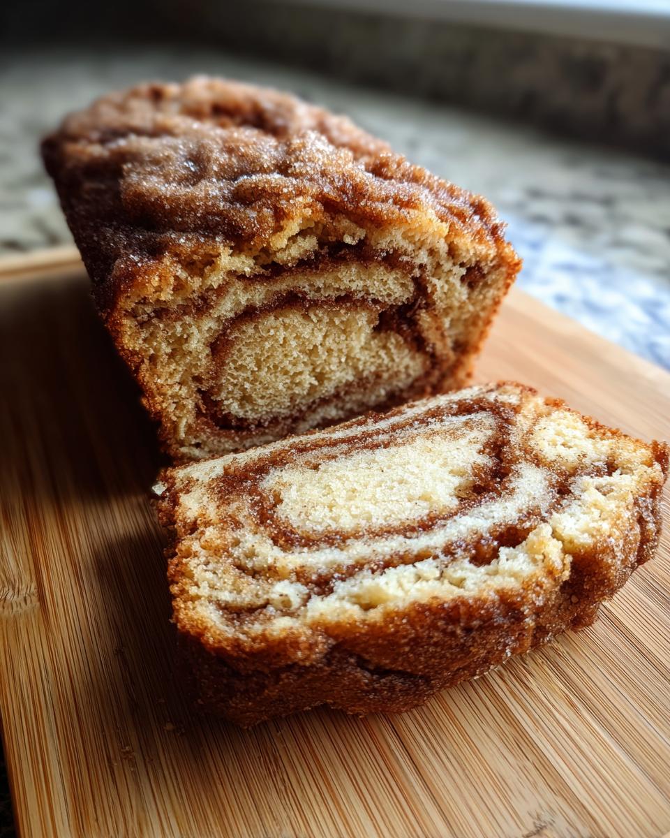 A close-up of a sliced loaf of Amish cinnamon bread on a wooden cutting board, showcasing the swirled cinnamon filling.