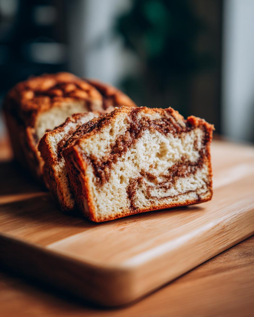 Close-up of sliced Amish cinnamon bread with swirls of cinnamon sugar on a wooden cutting board.