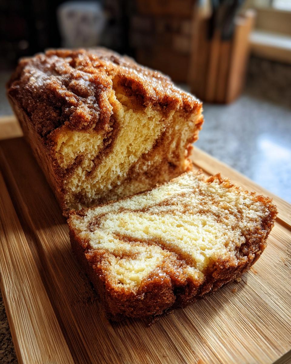 A close-up of a sliced loaf of Amish cinnamon bread, showcasing its beautiful cinnamon swirls and golden crust.
