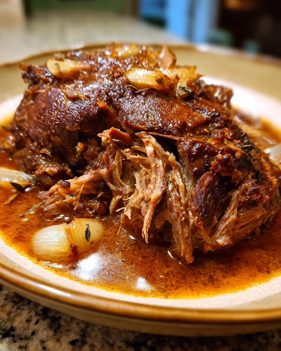 Close-up of tender, shredded apple cider braised pork shoulder in a rich sauce with onions.