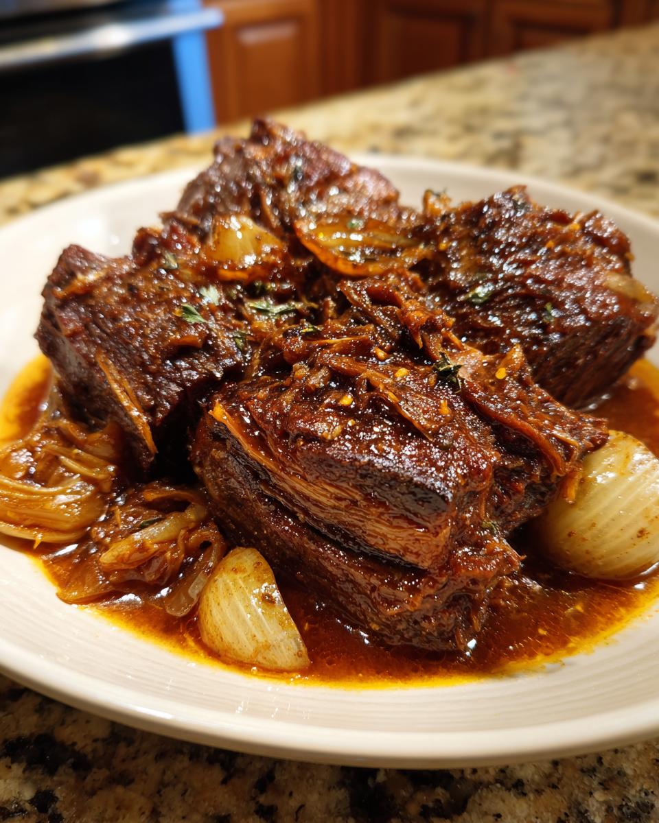 Close-up of tender Apple Cider Braised Pork Shoulder chunks in a rich, glossy sauce with softened onions.